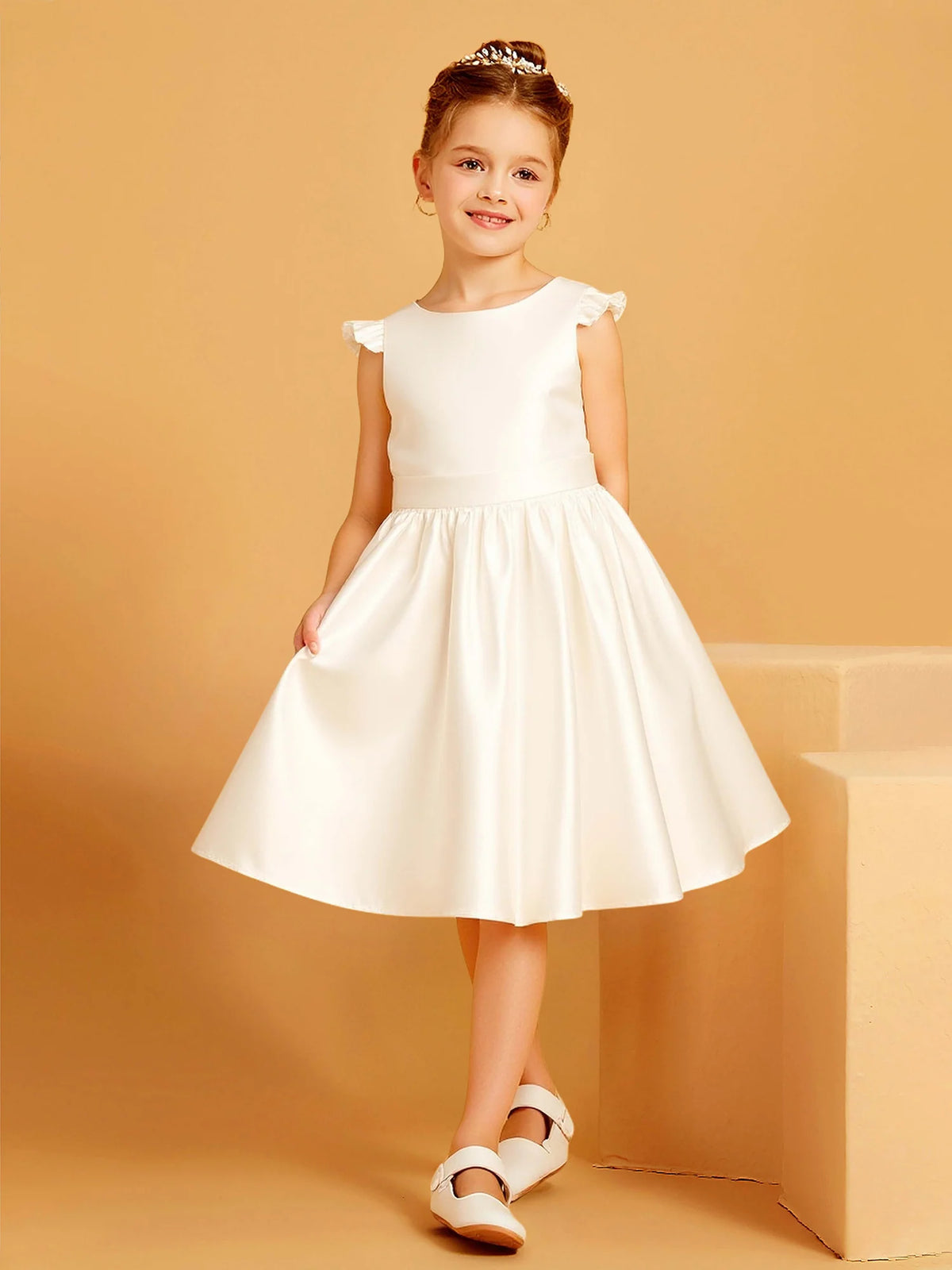 Heowos ivory flower girl dress with round neck flutter sleeves and A-line knee-length skirt