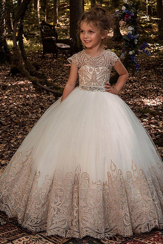 Luxury A Line Illusion Cap Sleeve Lace Back Bow Flower Girl Dress
