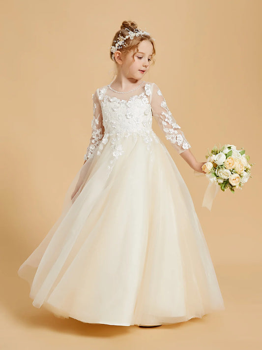Heowos ivory flower girl dress with beaded illusion neckline, floral lace bodice, sheer three-quarter sleeves and tulle skirt.