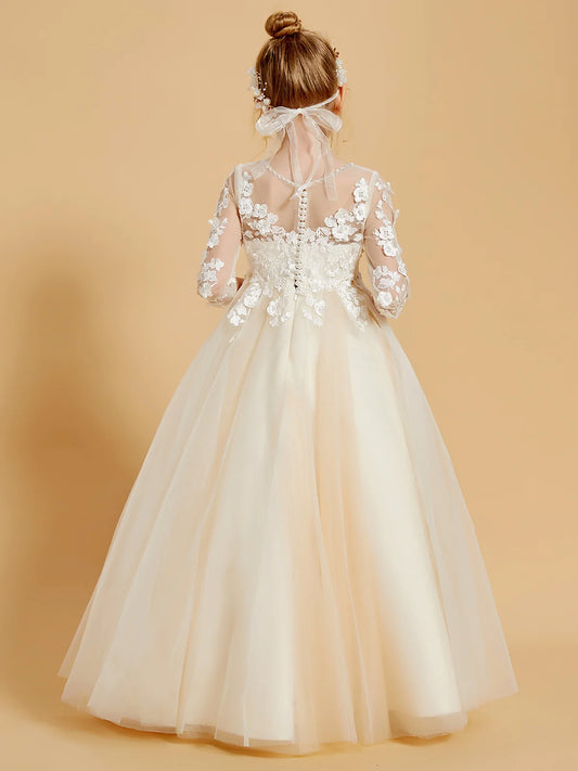 Graceful A-Line Illusion-Neck Three-Quarter Sleeves Button-Back Floor-Length Lace Flower Girl Dresses