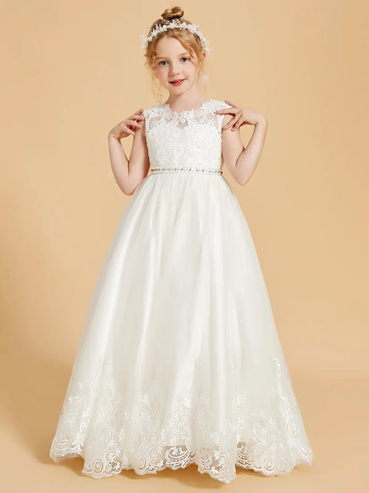 Front view of Heowos ivory lace flower girl dress with an illusion scoop neckline, sparkling waistband and scalloped hem.
