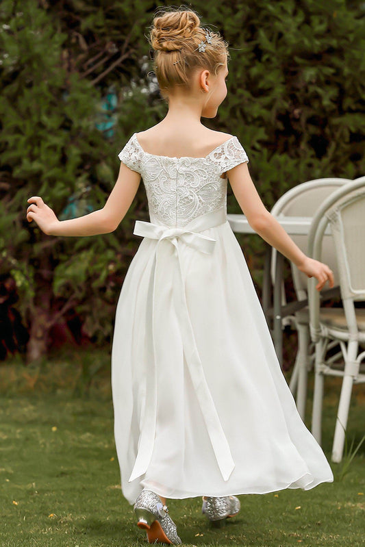 Elegant A Line Off Shoulder Short Sleeve Lace Back Flower Girl Dress