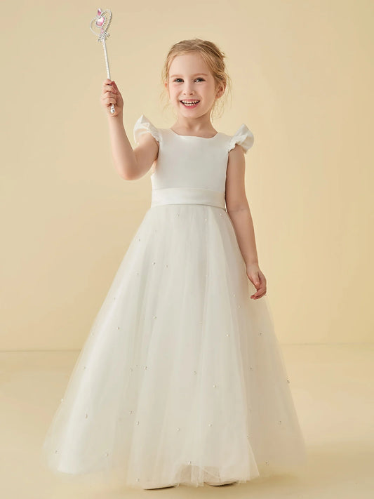 Heowos ivory flower girl dress with round neck, ruffle sleeves, satin bodice and floor-length tulle skirt with pearl-like beads.