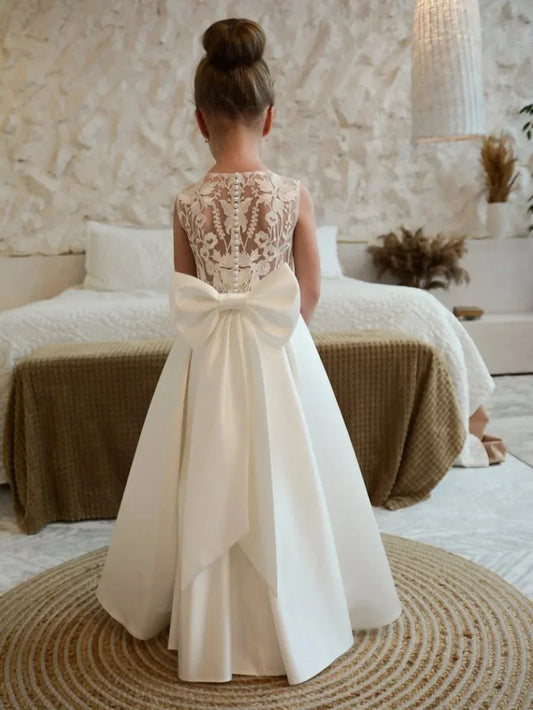 Elegant Satin A-Line Round Neck Sleeveless Illusion Bow-Back Floor-Length First Communion Dress