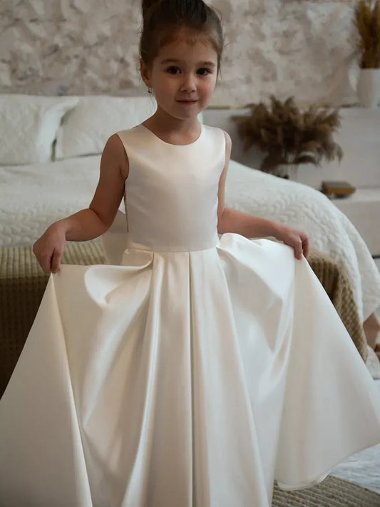 Heowos ivory satin First Communion dress with round neck sleeveless bodice and floor-length A-line skirt