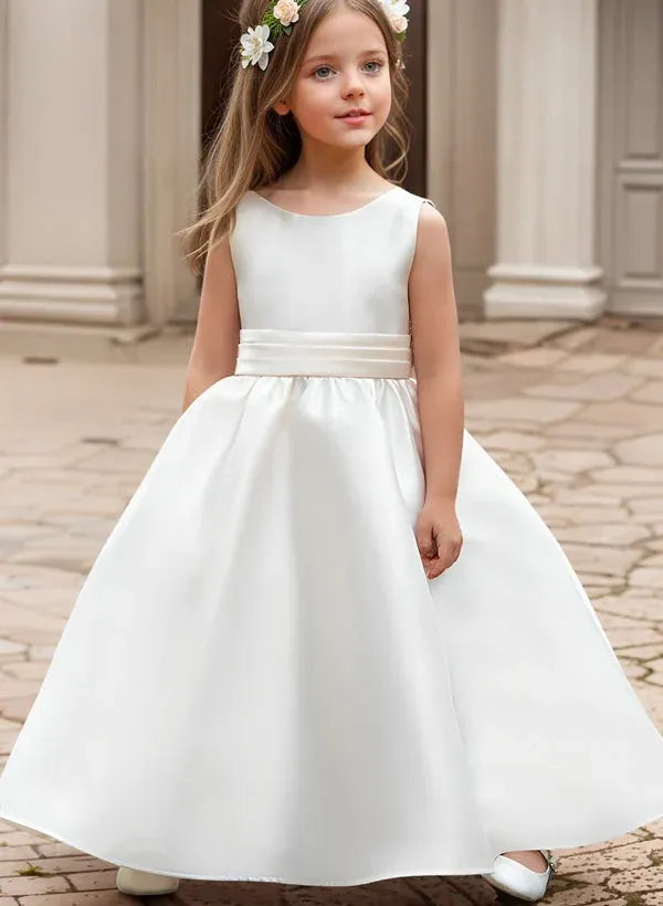 Heowos ivory First Communion dress with round neck sleeveless bodice and floor-length A-line satin skirt