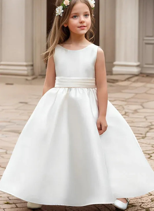 Heowos ivory First Communion dress with round neck sleeveless bodice and floor-length A-line satin skirt