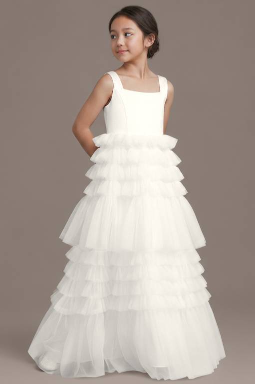 Elegant A-Line Square Neck Sleeveless Tiered Floor-Length Flower Girl Dress