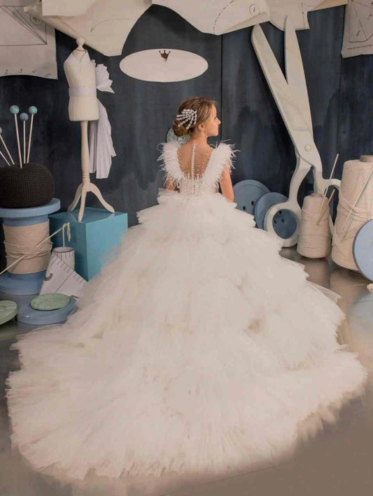 Luxury Ball?Gown Illusion Neck Feather?Sleeve Illusion?Back Train?Length First?Communion Dress