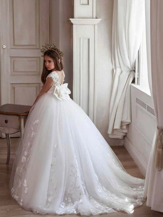 Luxury Ball?Gown Round?Neck Cap?Sleeve Keyhole?Back Train?Length First?Communion Dress