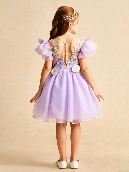 Enchanted A-Line Square Neck Ruffle Sleeve Open Back Knee-Length Flower Girl Dress