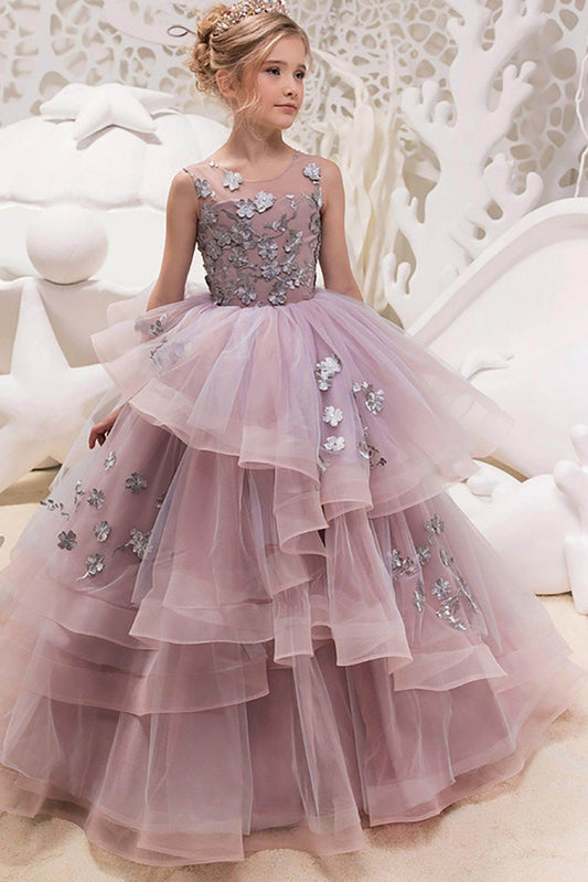 Luxury Princess Round Neck Sleeveless Illusion Back Floor Length Flower Girl Dress