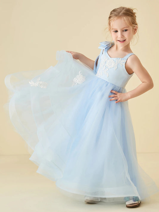 Heowos light blue flower girl dress with a square neckline, ivory floral lace appliques, one satin shoulder bow and a full-length tulle skirt.