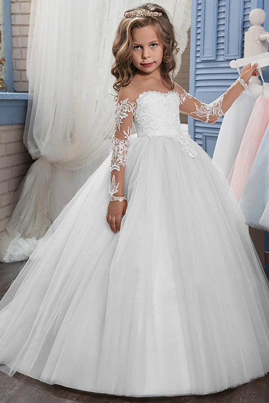 Luxury Princess Off Shoulder Long Sleeve Lace Back Flower Girl Dress