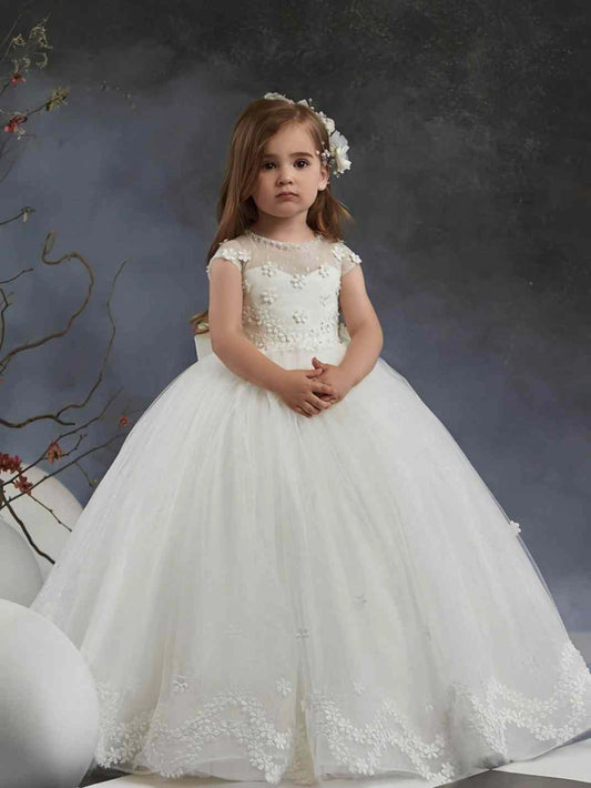 Ivory Ball Gown Round Neck Cap Sleeve Corset Back Train Flower Girl Dress