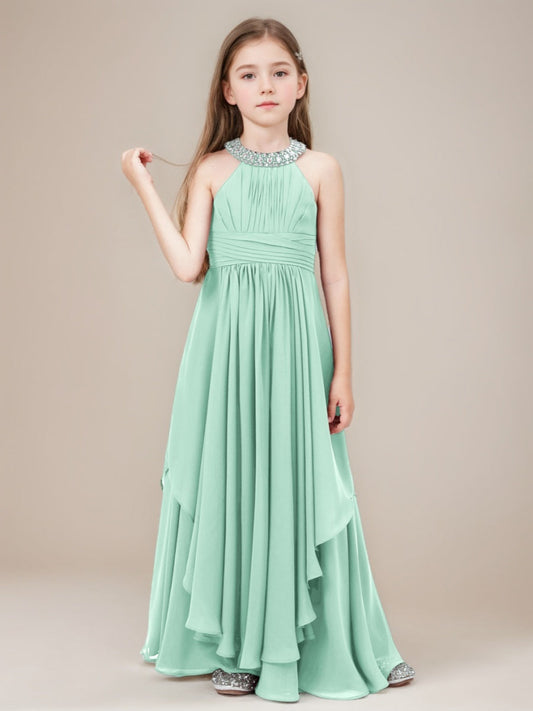 Elegant A-Line Beaded Halter Sleeveless Keyhole Back Junior Bridesmaid Dresses