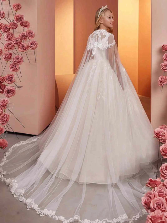 White Ball Gown High Neck Cape Sleeve Illusion Back Train First Communion Dress