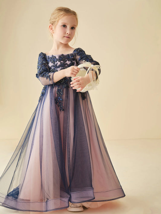 Heowos navy and blush girls' dress with a square neckline, beaded floral lace, sheer three-quarter sleeves and a long tulle skirt.