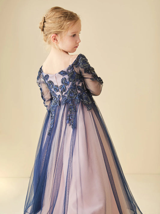 Elegant A-Line Square-Neck Three-Quarter Sleeves Scoop-Back Floor-Length Special Occasion Dresses for Girls
