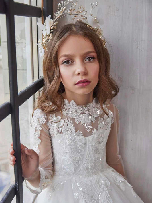 Elegant Ball Gown High Neck Long Sleeve Cutout Back Train Flower Girl Dress