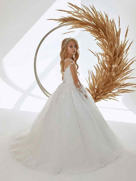 Elegant White Ballgown V Neck Strap Sleeve Open Back Train Length Wedding Flower Girl Dress