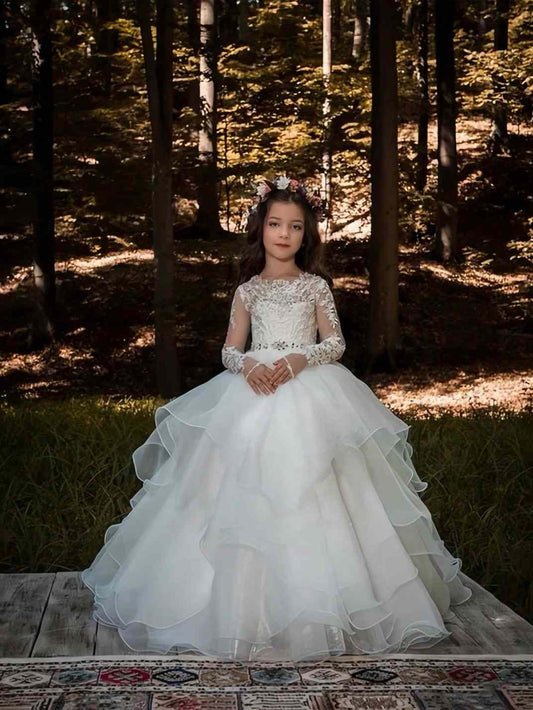Elegant Ball Gown Bateau Neck Long Sleeve Sheer Lace Back Floor Length Flower Girl Dress