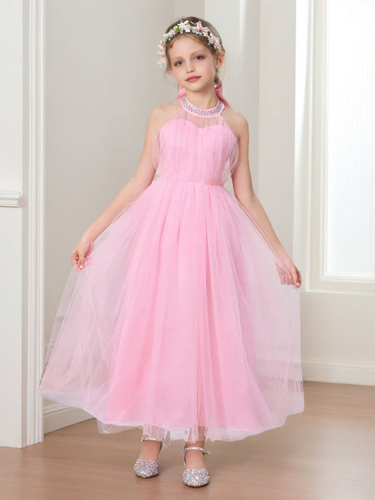 Charming A-Line Halter Neck Sleeveless Bow Back Tulle Flower Girl Dress