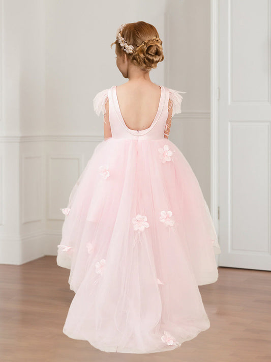 Whimsical Tulle A-Line Feather Sleeve Scoop Back Flower Girl Dress