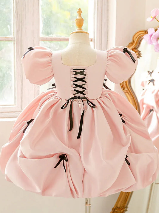 Elegant A-Line Square Neck Puff Sleeve Lace-Up Back Knee-Length Flower Girl Dress
