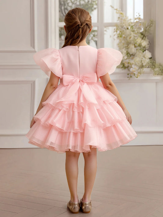 Dreamy A-Line Round-Neck Puff-Sleeve Bow-Back Knee-Length Flower Girl Dresses