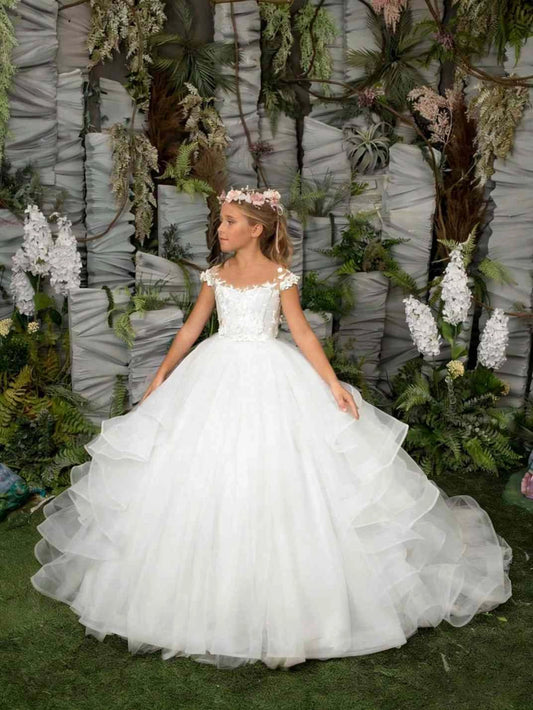 Blush Ballgown Off Shoulder Cap Sleeve Illusion Back Train Flower Girl Dress