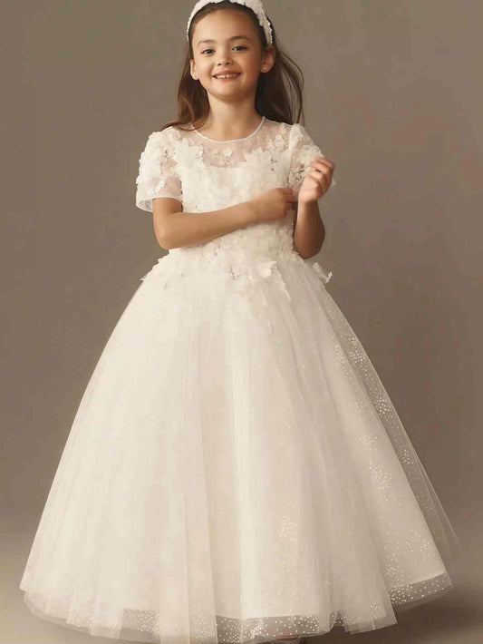 Elegant A?Line Round?Neck Short?Sleeve Illusion?Back Floor?Length First Communion Dress