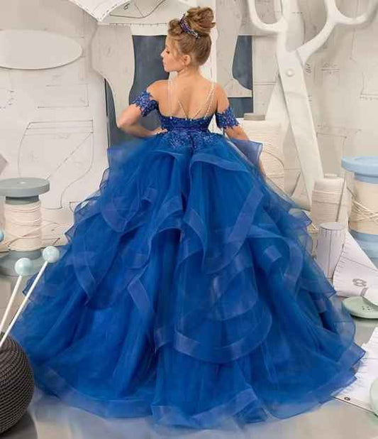 > Luxury Ballgown Off Shoulder Short Sleeve Open Back Floor Length Pageant Flower Girl Dress