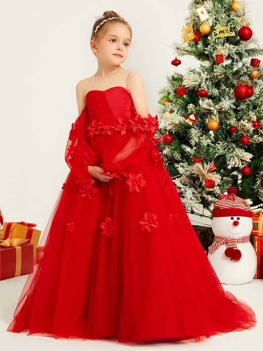 Festive Ball Gown Illusion-Neck Bishop-Sleeve Keyhole-Back Floor-Length Special Occasion Dresses for Girls