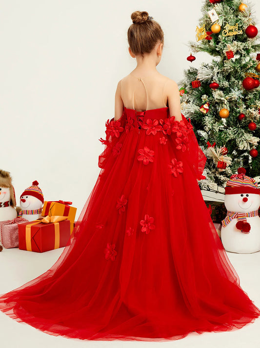 Festive Ball Gown Illusion-Neck Bishop-Sleeve Keyhole-Back Floor-Length Special Occasion Dresses for Girls