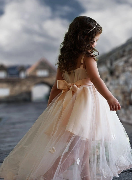 Romantic A?Line Scoop Neck Sleeveless V?Back Hi?Lo Flower Girl dress
