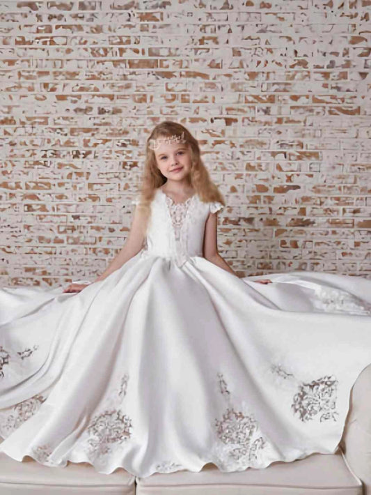 Elegant Ball Gown V Neck Cap Sleeve Lace Open Back Long Train Flower Girl Dress