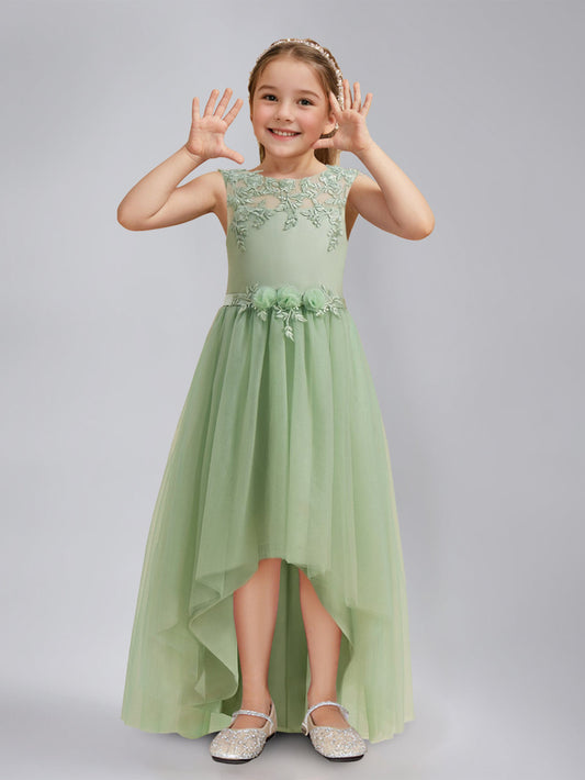 Elegant A-Line Illusion Neck Sleeveless V-Back High-Low Junior Bridesmaid Dresses