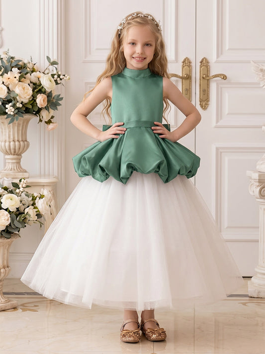 Elegant A-Line High Neck Sleeveless Bow Back Tea-Length Flower Girl Dress