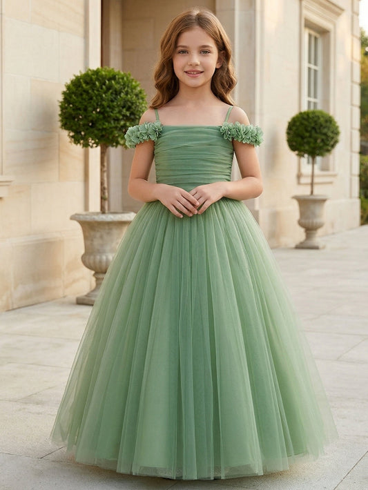 Elegant Ball Gown Straight Neck Floral Sleeve Bow Back Flower Girl Dress