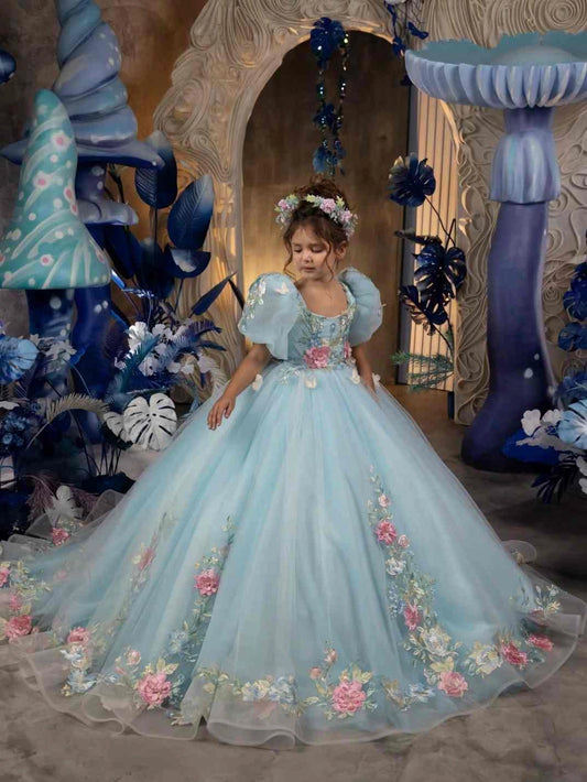 Luxury Ball Gown Square Neck Puff Sleeve Bow Back Train Length Pageant Dress