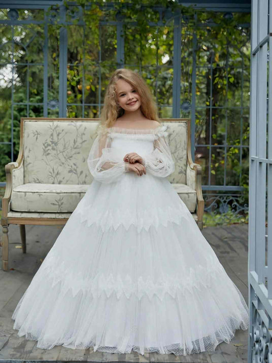 White Ballgown Off Shoulder Sheer Long Sleeve Open Back Floor Length Train Flower Girl Dress