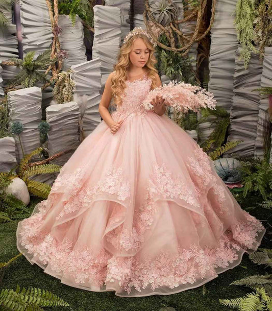 Blush Pink Ball Gown Round Neck Sleeveless Sheer Lace Back Floor Length Flower Girl Wedding Dress