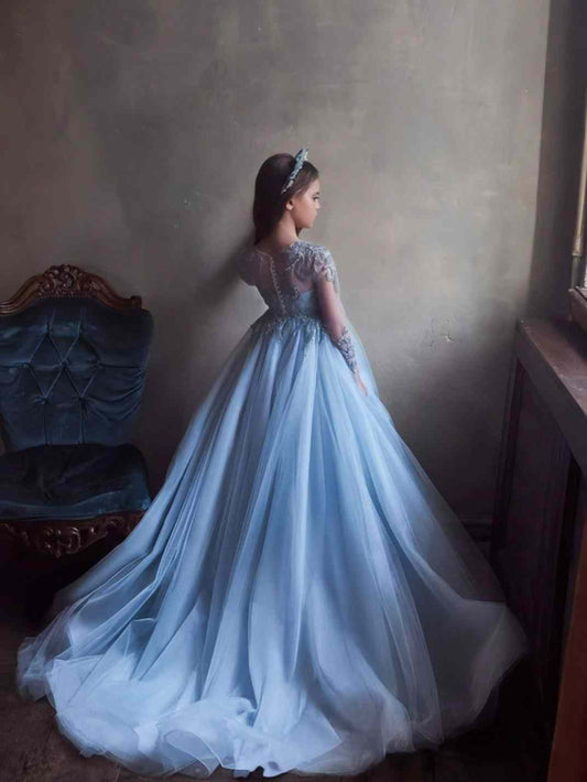 Luxury Ballgown Illusion Neck Long Sleeve Button Back Floor Length Girl Pageant Dress