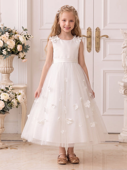 White 3D Floral Tulle Flower Girl Dress with Oversized Bow
