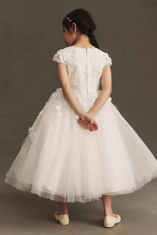 Enchanting Ballgown Round Neck Cap Sleeves Zipper-Back Tea-Length First Communion Dresses