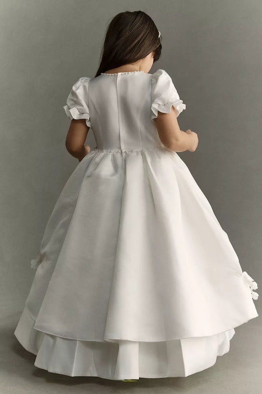 Regal Ballgown Round Neck Puff Sleeves Closed-Back Floor-Length First Communion Dresses