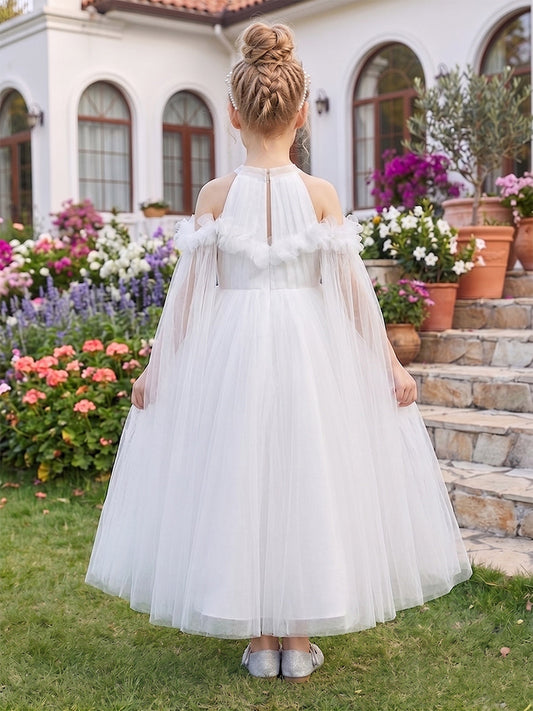 White Cold Shoulder Tulle Flower Girl Dress with Cape Sleeves