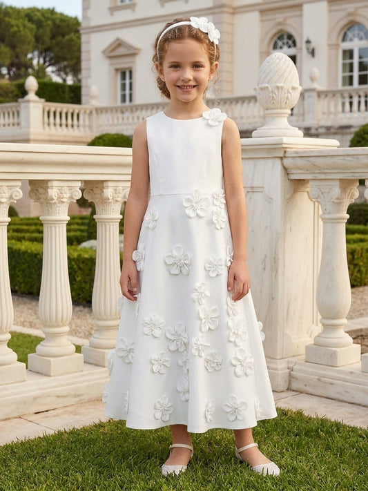 Elegant Floral Applique A Line Round Neck Sleeveless Back Zipper Midi Flower Girl Dress
