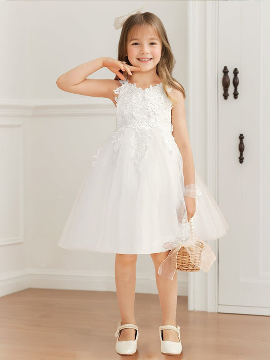 Elegant A-Line Lace Sleeveless Bow Back Knee-Length Flower Girl Dresses